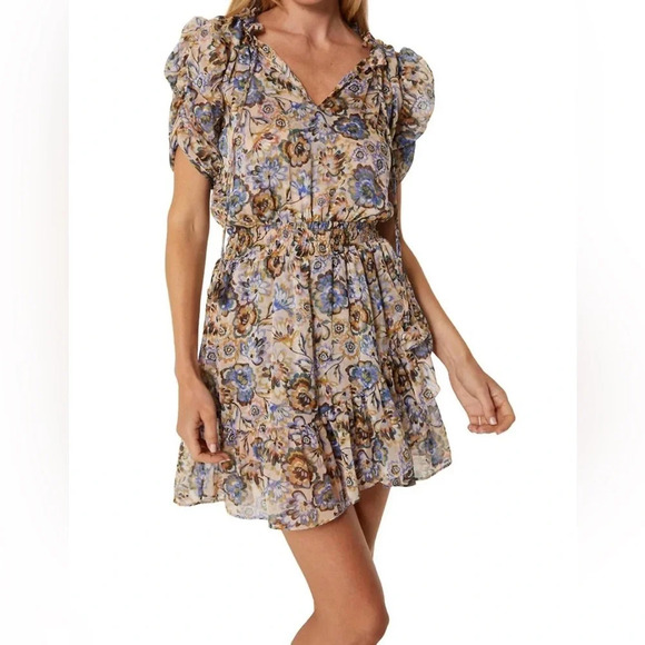 Misa Las Angles Kayla Mini Dress Sketched Floral Smocked Tie Neck - Picture 2 of 16